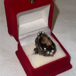 C. 1970 Vintage 9.82 Carat Smoky Quartz Ring with Cultured Pearls in 14kt Gold.